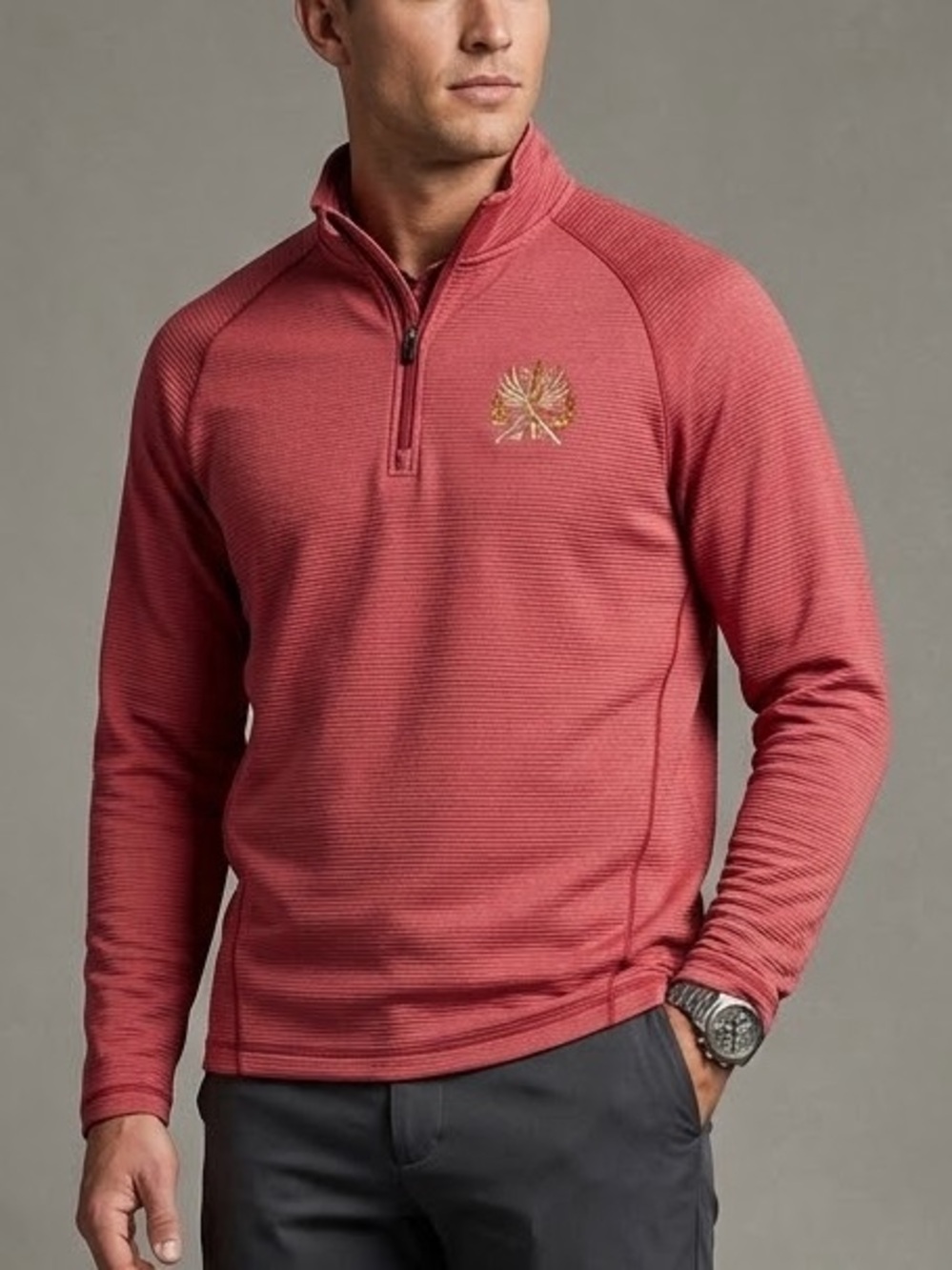Cutter Buck Men Red Textured Quarter Zip Pullover Golf Athletic Shirt M